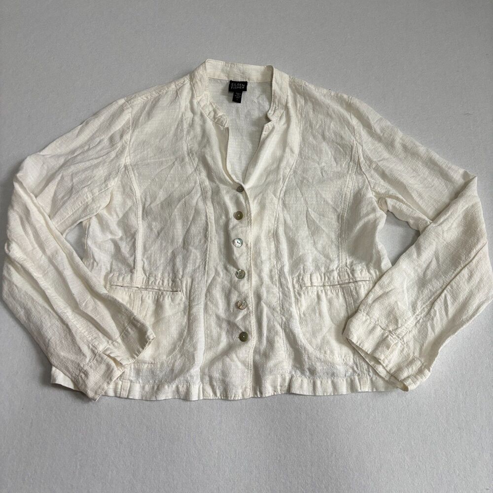 Eileen Fisher Viscose Linen Jacket Women's L Off White Lightweight Casual Travel